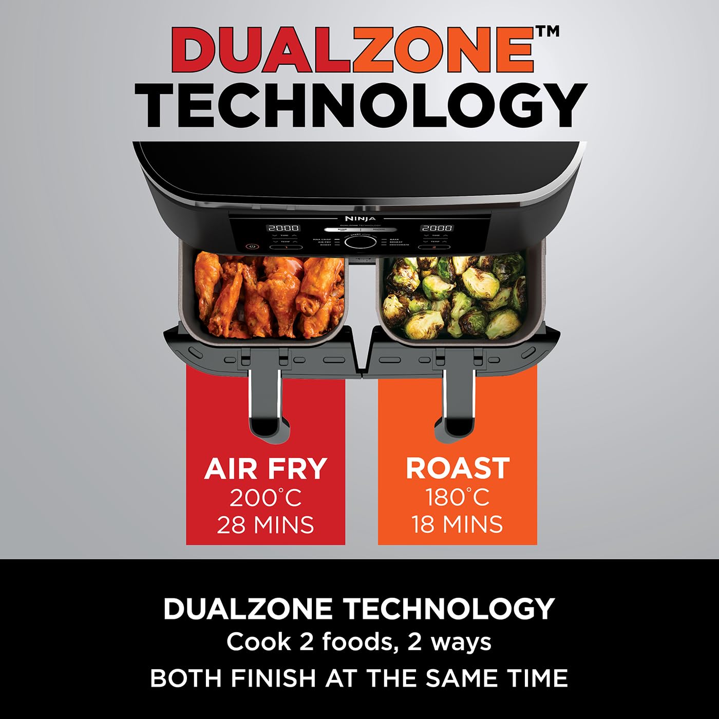 Ninja Foodi Dual Zone Digital Air Fryer, 2 Drawers, 7.6L, 6-in-1, Uses No Oil, Air Fry, Max Crisp, Roast