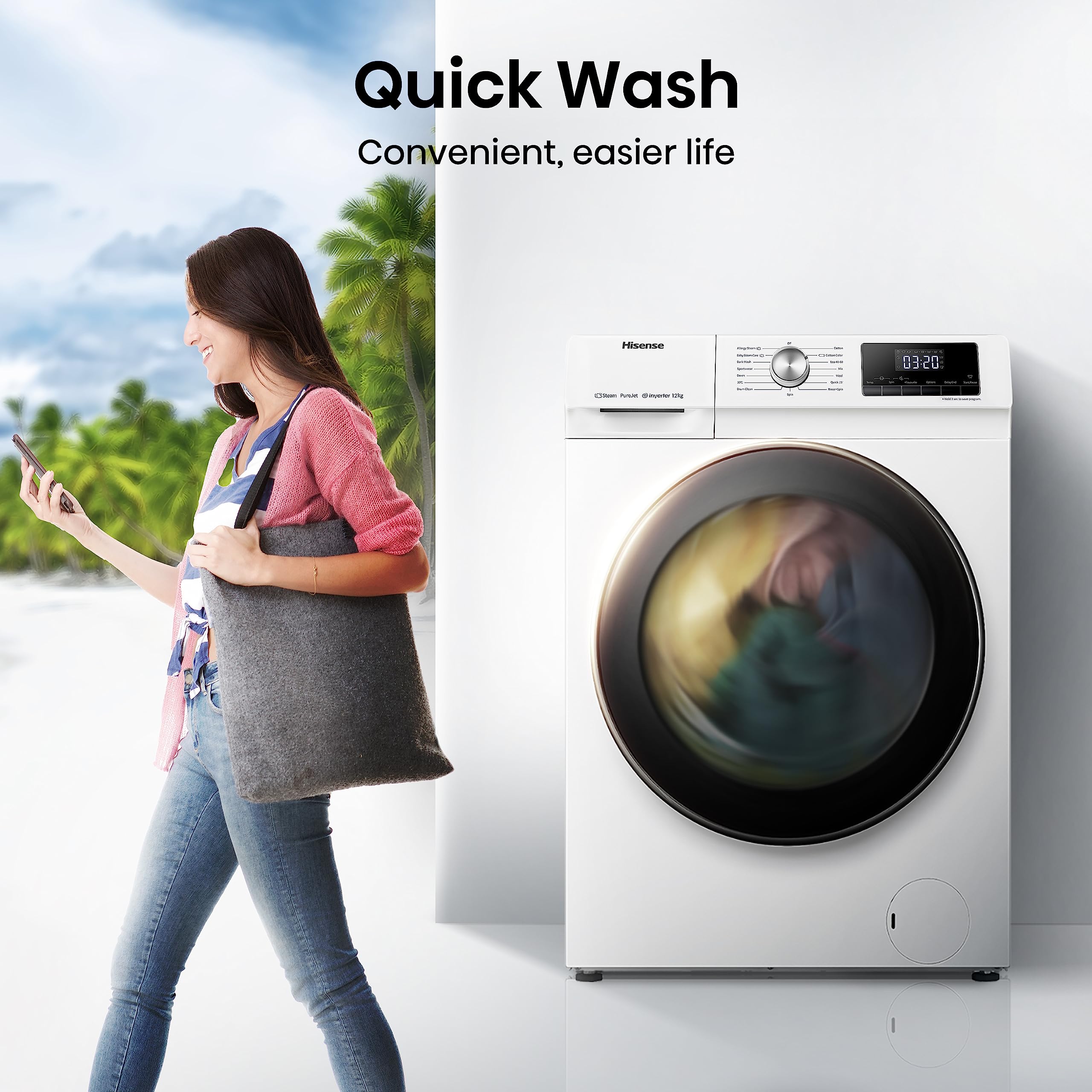 Freestanding Front Load Washing Machine – 12kg, Inverter Motor, 15 Programs, Quick & Steam Wash, 1400 RPM, White, Energy Class A