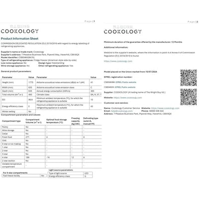 Cookology CSBS460BK 177.5cm Freestanding American Side-by-Side Fridge Freezer in Black