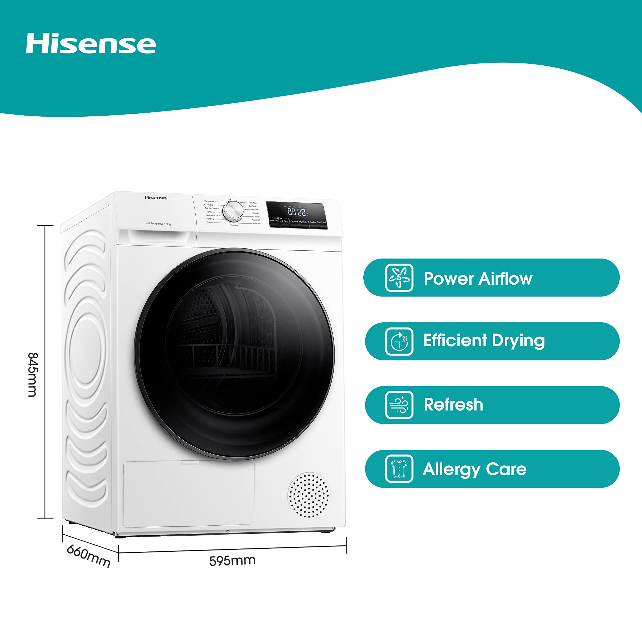 Freestanding Heat Pump Tumble Dryer – 9kg, Front Load, 15 Programs, Auto-Dry, Steam Refresh, Allergy Care, White (60cm)